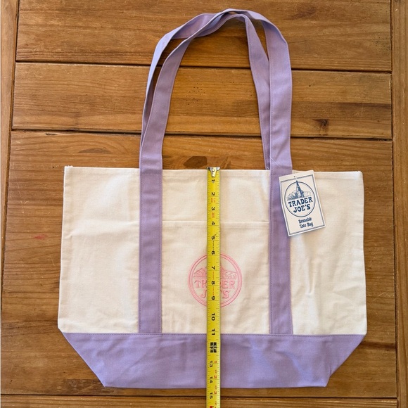 NWT Trader Joe’s LARGE Canvas Reusable Tote Bag - Cream with Lavender Straps - Picture 6 of 9